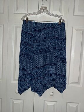 Faded Glory Navy Blue Printed Asymmetrical Handkerchief Hem Skirt